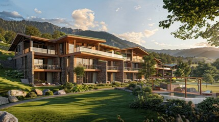 Poster - an architectural visualisation of a golf resort main hotel building, luxurious, modern, green mountains in background