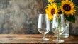 Blank mockup of a pair of stemless wine glasses p on a rustic wooden table with a vase of sunflowers nearby. .