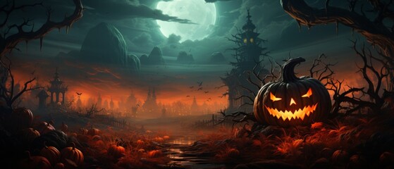 Poster - dark daemon pumpkin in a scene of haunted Halloween, impact colors green and red background spooky