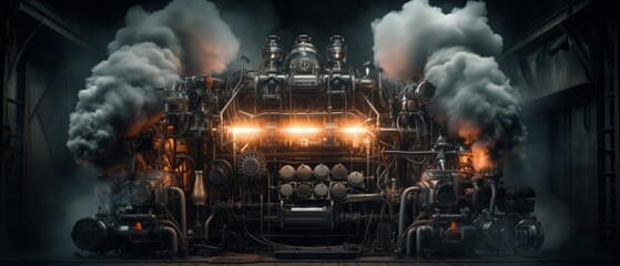 Sticker - dieselpunk complex engine with many glowing and moving parts that fills a dark industrial room