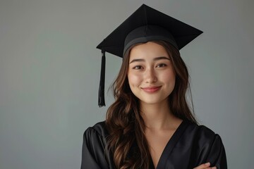 Wall Mural - A woman wearing a black graduation cap and gown is smiling for the camera