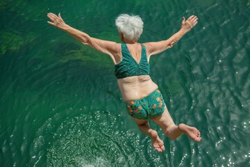 Wall Mural - An old woman jumps into the water to cool off in the summer heat on vacation in travel. Background with selective focus