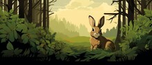 Illustration For A Children's Book Of A Rabbit In The Woods On Beige Background