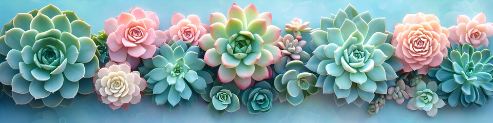 Various type of succulent cactus plants on blue background. Border made of colorful miniature plants. Botanic garden. Love nature, home plant concept. Flat lay, top view with copy space