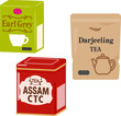 アールグレイ、ダージリン、アッサムの茶葉のパッケージ