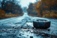 A Wheel Has Fallen Off A Car And Is Rolling Down An Empty Road