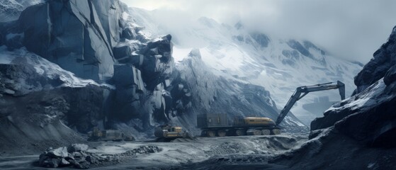 Wall Mural - photography large mine in alps with excavators with snow on top of the mount everest in the background