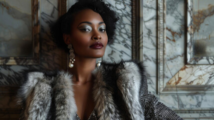 a stylish black woman exudes poise and grace as she poses in a striking fur coat and elegant evening
