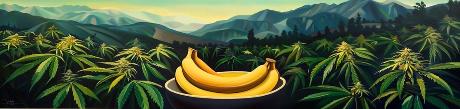Mountain forest cannabis plants with oversized banana bowl, Nature & fruits tranquility backgrounds concept illustration