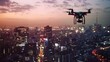 Drone aerial view cityscape is dominated by a large flying object in the sky, resembling a photo realistic drone. The scene captures the urban setting with the prominent presence of the aerial device.
