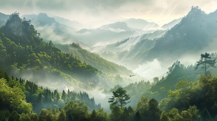 Wall Mural - A panoramic view of a mountain forest bathed in the soft light of dawn after a night of rain. Mist hangs low over the valley, slowly revealing the majestic peaks cloaked in lush greenery. A lone bird 