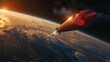Red Heart-shaped rocket, soaring through space above the planet Earth.