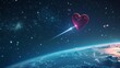 Heart shaped object is seen soaring above the Earth in a mesmerizing view. The unique shape stands out against the backdrop of the planet below.