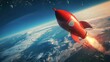 Red rocket is soaring through the sky with great speed and force. The rocket leaves a trail of fiery exhaust behind as it propels itself upwards with powerful thrust.
