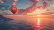 A hot air balloon, shaped like a heart, floats gracefully above the ocean during a stunning sunset. The vibrant colors of the sky reflect on the water below, creating a mesmerizing scene.