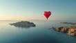 A colorful hot air balloon in the shape of a heart soaring gracefully over a large expanse of water, with the vibrant reflection of the balloon mirrored in the water below.