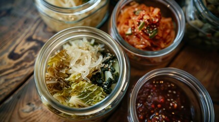 Wall Mural - Brassicas: Sauerkraut (cabbage), kimchi (cabbage with chili), fermented green beans, Brussels sprouts