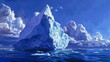 A large iceberg, formed of pristine geometric ice, floats in the middle of the ocean, contrasting against the deep blue water surrounding it.