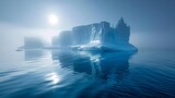 Fototapeta Natura - A massive iceberg with imposing symmetrical formations is floating in the middle of the ocean. The ice structure contrasts with the blue water surrounding it, creating a striking scene of natural