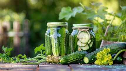 Wall Mural - Cucumbers pickled in glass jars,Fresh cucumber vine in the garden background