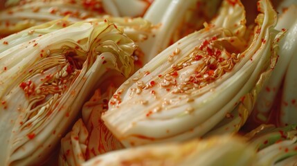 Poster - kimchi (spicy cabbage with chili flakes),fresh cabbage background.