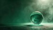 Luminous green orb sits mistily on dark surface under mysterious light