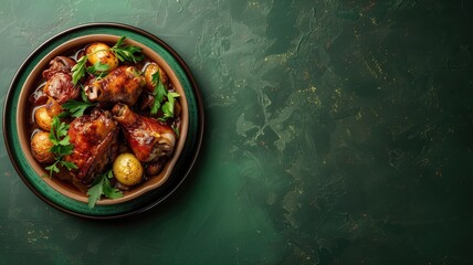 Wall Mural - Bowl of roasted chicken with herbs and potatoes on dark green textured surface