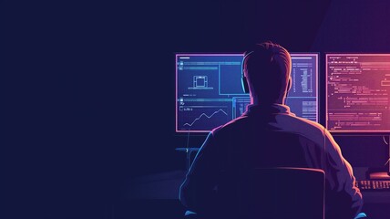Person sitting in front of multiple computer screens displaying various graphs and lines code dark room