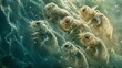 A microscopic view of a group of tardigrades huddled together their transparent bodies filling the frame as they move gracefully through
