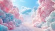 As if painted by a cotton candy artist the stage is surrounded by a sea of soft clouds in delicate shades of pastel blue and pink. . .