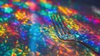 Fork resting on colorful holographic background with vibrant, reflective rainbow patterns