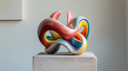 Wall Mural - Colorful abstract sculpture with intertwined shapes on pedestal against neutral background