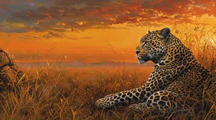 a male leopard as it rests against the backdrop of a vivid orange sunset, the warm hues of the sky framing its profile in a stunning display of nature's beauty