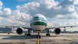 In a bustling airport the smell of jet fuel is rep by the distinct scent of biofuel as a passenger jet prepares for takeoff. The green and white stripes on its exterior symbolize the .
