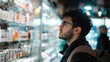 Man with glasses is looking intently at products on well-lit store shelf