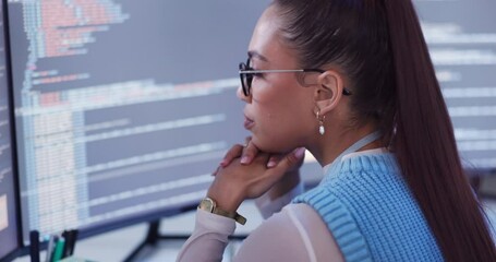 Office, woman and employee in computer screen with coding as data analyst for programming or digital transformation. Worker, programmer and pc to analyze statistics, info and technology development