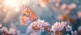 Fototapeta  - Butterfly on flower, close up, wings spread, detailed patterns, soft focus