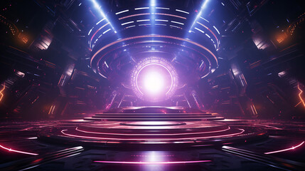 Canvas Print - abstract neon matrix technological stage, cyberpunk future 3d concept illustration