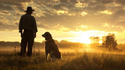 Wall Mural - A farmer and his loyal dog surveying the land at sunrise, ready for a day's work