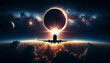 An airplane flying past a total solar eclipse - Generative AI