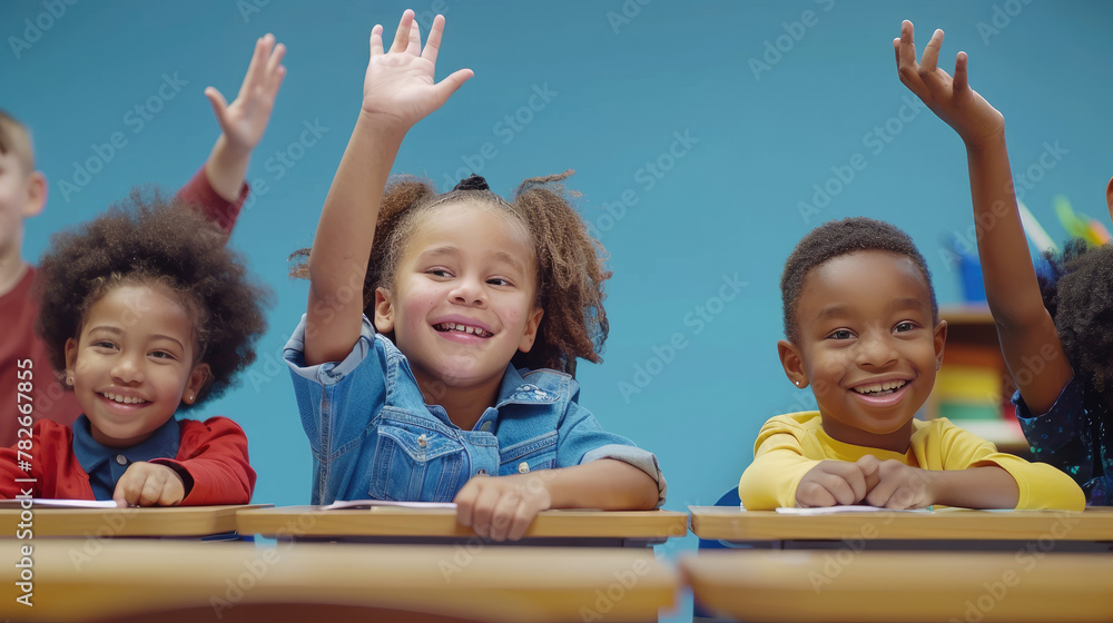 Children sitting at desks in the classroom and raising their hands to ...