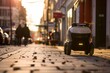 Autonomous delivery robot glides through city streets.