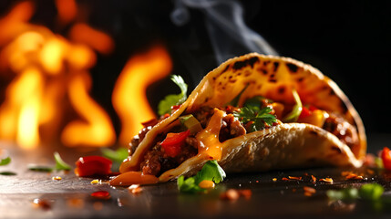 Wall Mural - Mexican taco on a black background with fire behind, spicy food concept