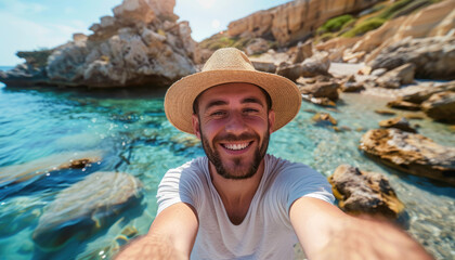 Wall Mural - A happy young man taking selfie photo at the beach, wearing summer and hat. He is smiling with big smile while looking to camera