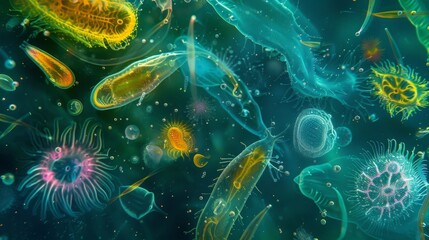 Poster - A colorful microscopic image of various types of phytoplankton and zooplankton together showing the symbiotic relationship between