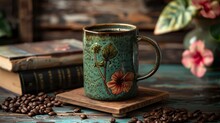 A Rustic Ceramic Coffee Mug With A Hibiscus Flower Design In A Unique Design. Stylish And Authentic Coffee Mug With Coffee Beans On The Side.