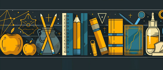 a pixel art illustration of school supplies including books , pencils , a magnifying glass , and an 