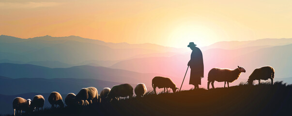 Wall Mural - Shepherd Jesus Christ leading the sheep and praying to God. Jesus silhouette background in the field on sunrise. Biblical illustration. Religion concept