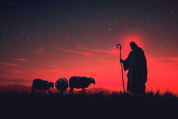 Wall Mural - Shepherd Jesus Christ leading the sheep and praying to God. Jesus silhouette background in the field on sunrise. Biblical illustration. Religion concept