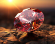 A hyper-realistic render of light passing through a ruby, capturing the warm reds and oranges, isolated on a sunset glow background, illustrating the warmth and enduring beauty of rubies,